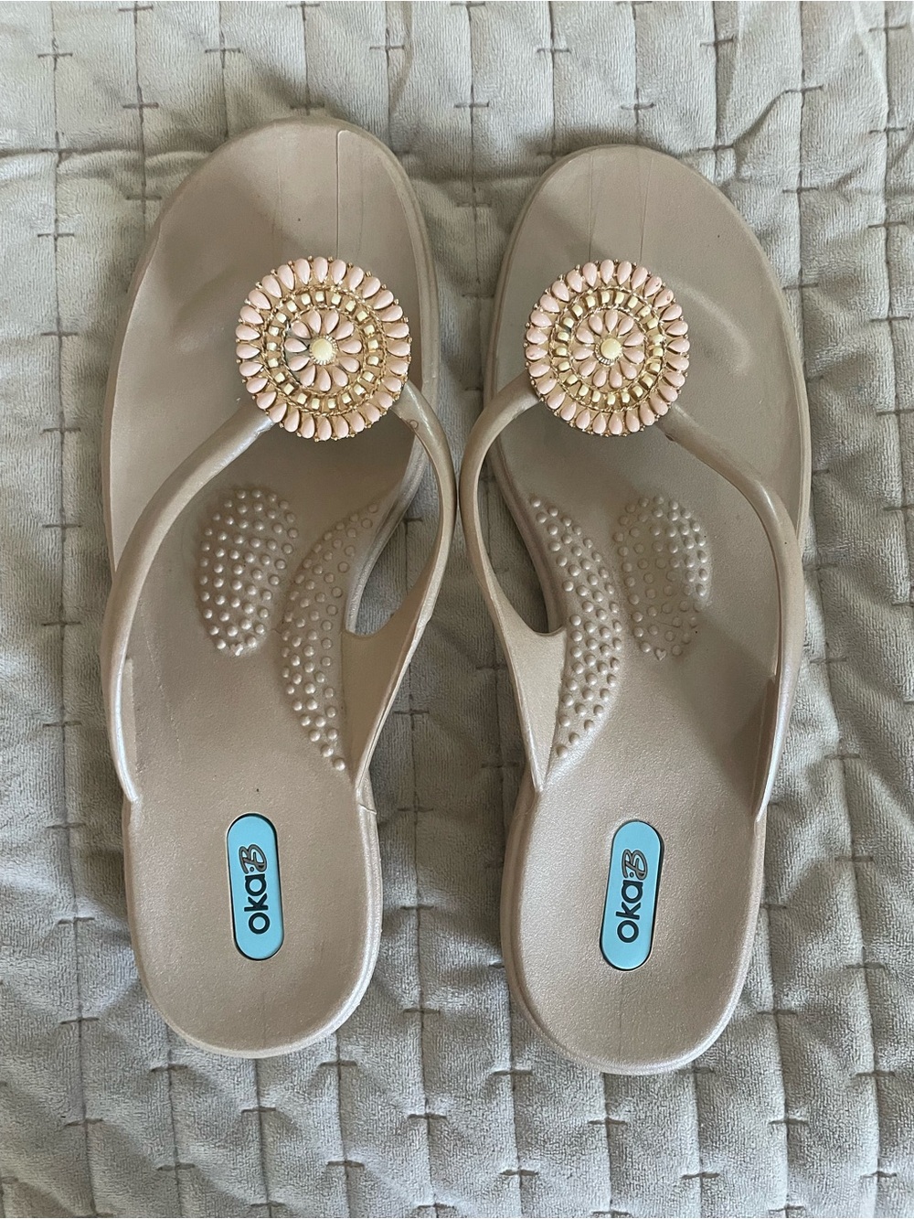OKA b. Nude Flip-Flop Sandals with Blush Pink Jeweled Medallions